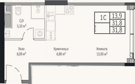 Планировка: Студия, 31,8 м²
