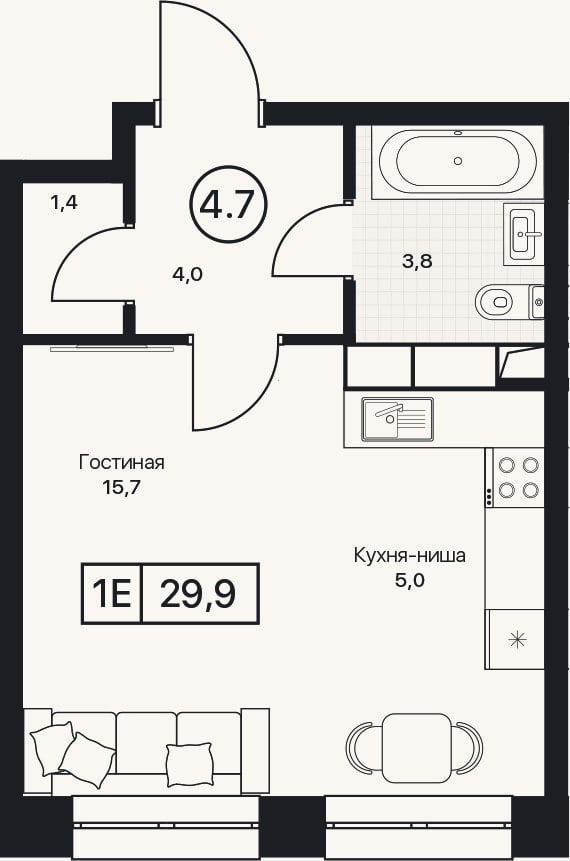 Планировка: Студия, 29,9 м²