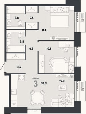 Планировка: 3-к, 58,9 м²