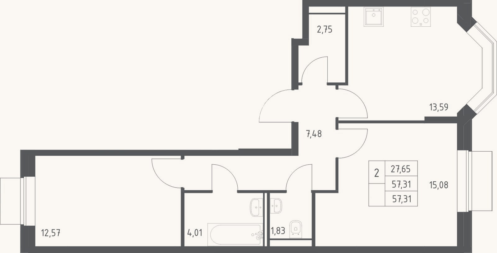 Планировка: 2-к, 57,3 м²