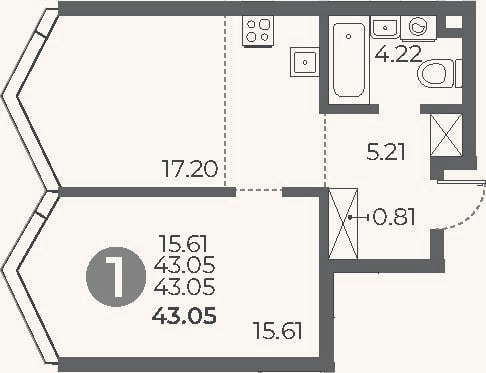 Планировка: 1-к, 43,1 м²