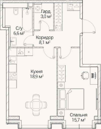 Планировка: 1-к, 51,9 м²