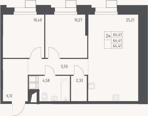 Планировка: 3-к, 64,4 м²
