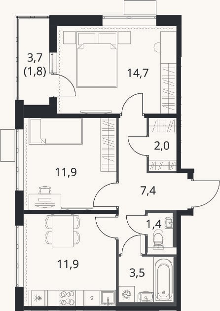 Планировка: 2-к, 52,8 м²