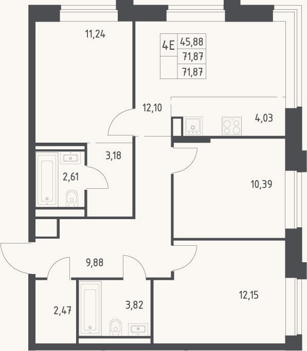 Планировка: 4+ к, 71,9 м²
