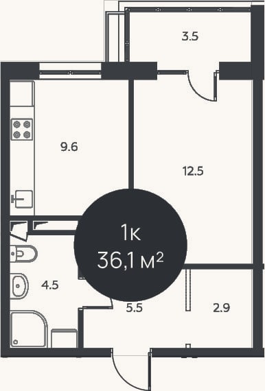 Планировка: 1-к, 35,1 м²