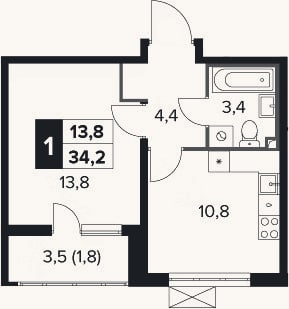 Планировка: 1-к, 32,4 м²