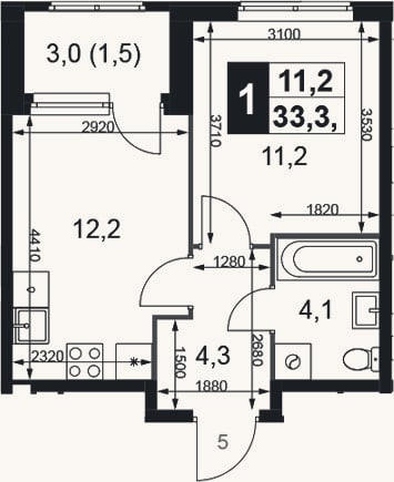 Планировка: 1-к, 31,8 м²