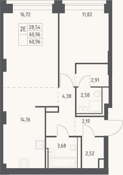 Планировка: 2-к, 61 м²