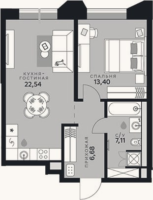 Планировка: 2-к, 49,7 м²