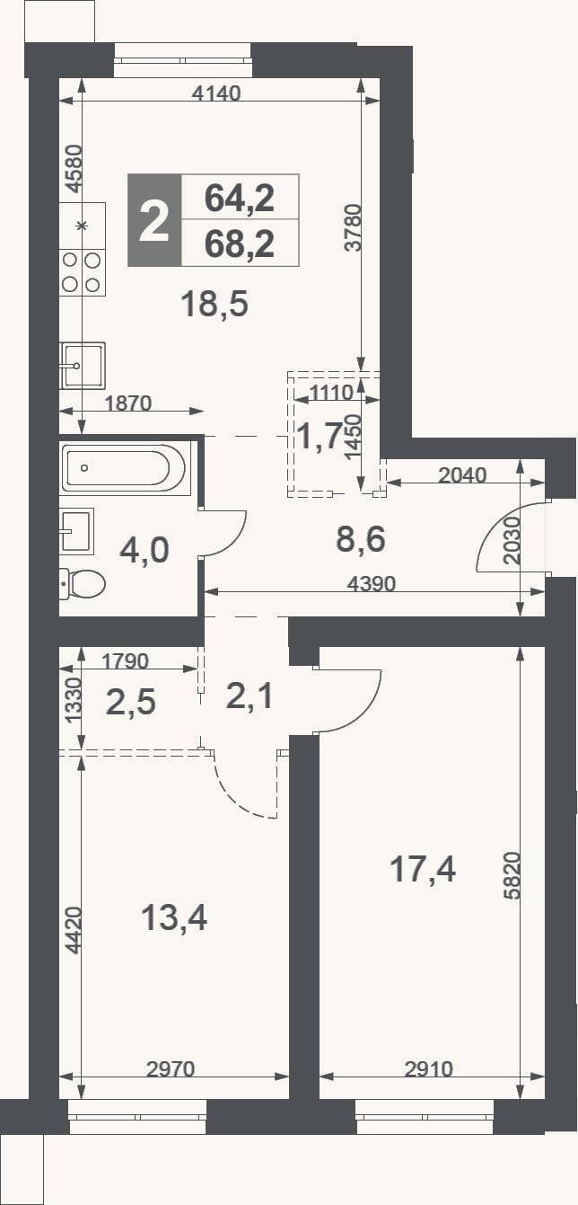 Планировка: 2-к, 68,2 м²