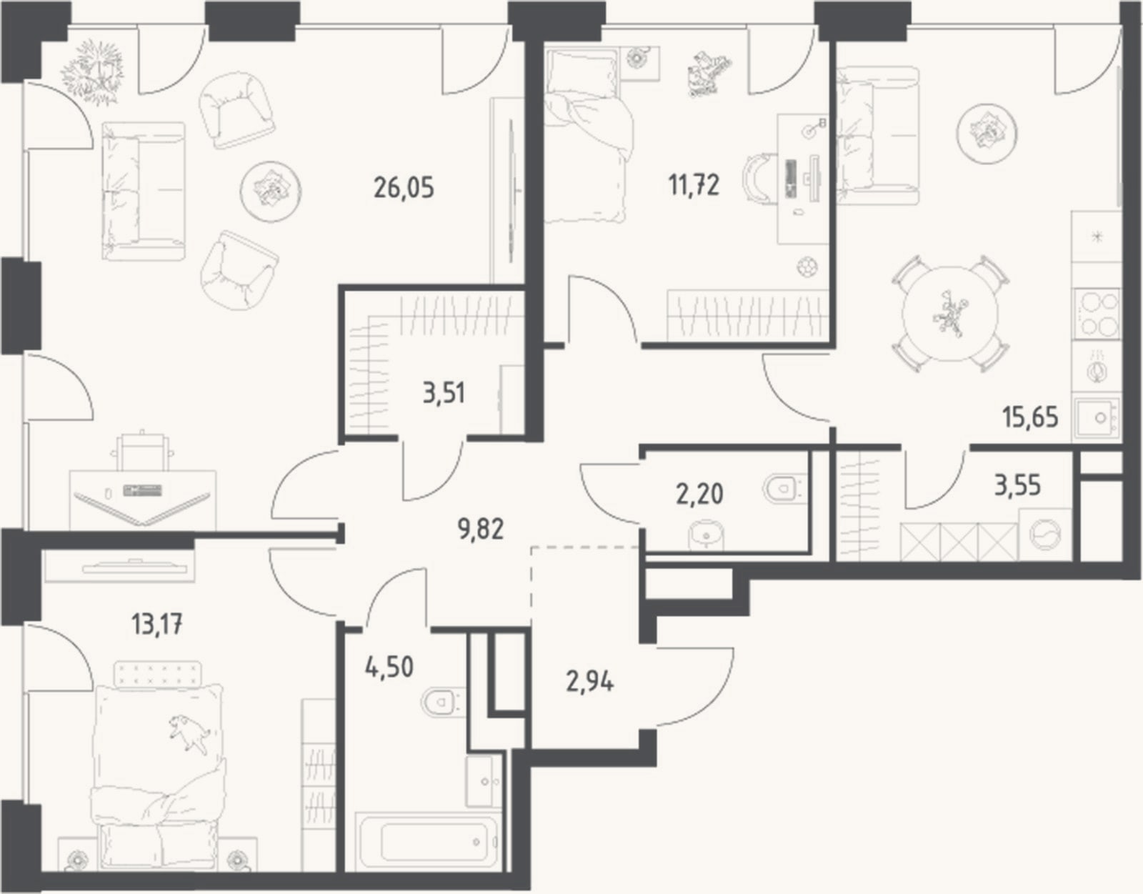 Планировка: 4+ к, 93,1 м²