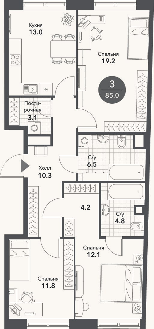 Планировка: 3-к, 85 м²