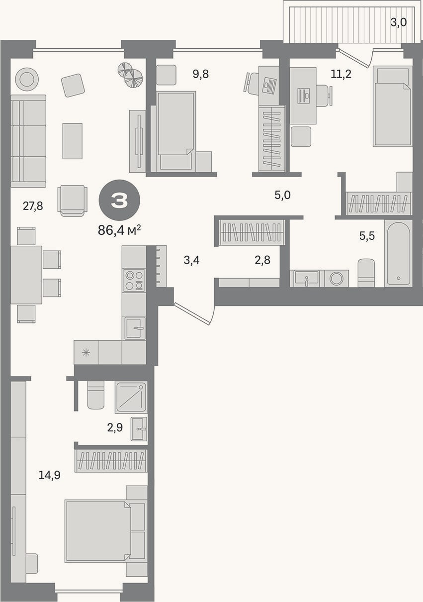 Планировка: 3-к, 83,4 м²