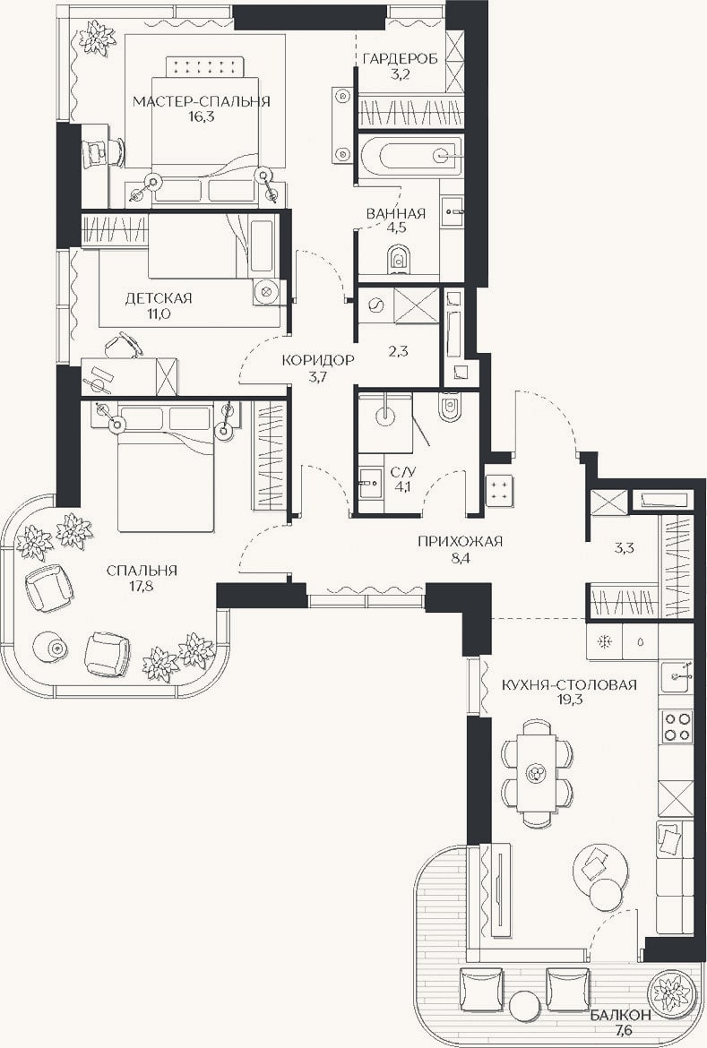 Планировка: 4+ к, 93,9 м²
