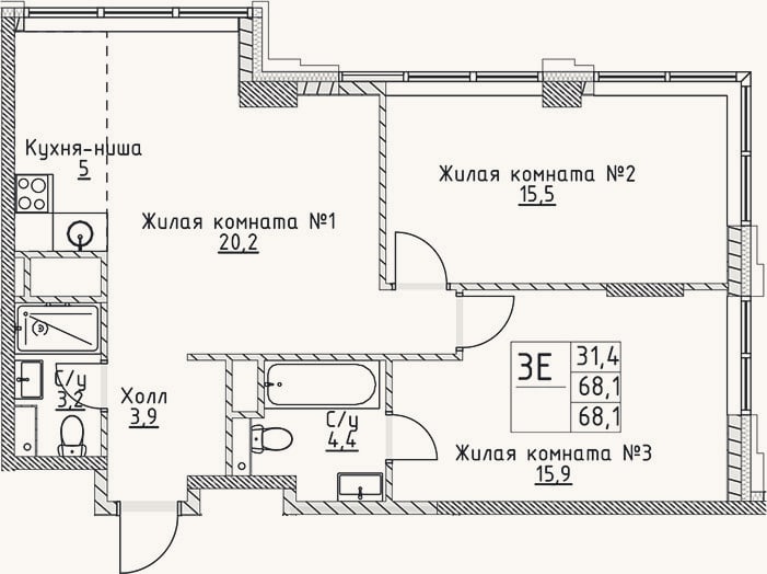 Планировка: 3-к, 68,1 м²