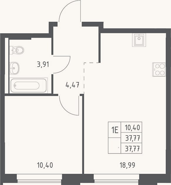 Планировка: 2-к, 37,8 м²