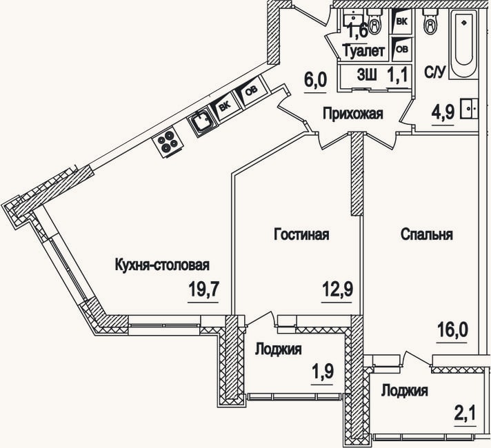 Планировка: 3-к, 62,2 м²