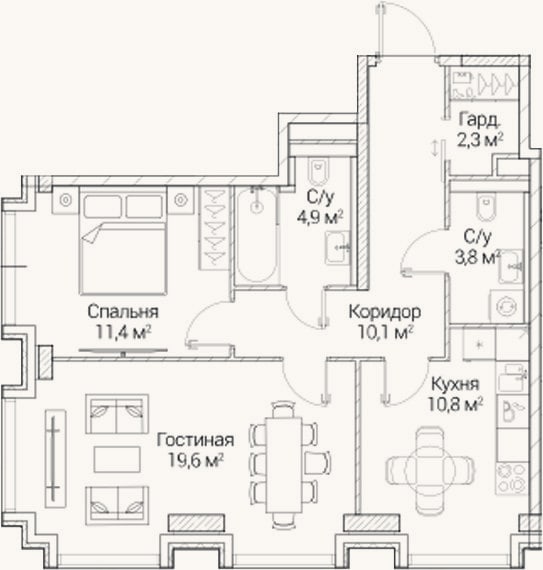 Планировка: 2-к, 62,9 м²
