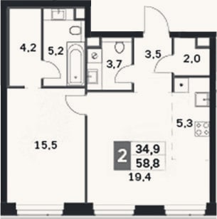 Планировка: 2-к, 58,8 м²