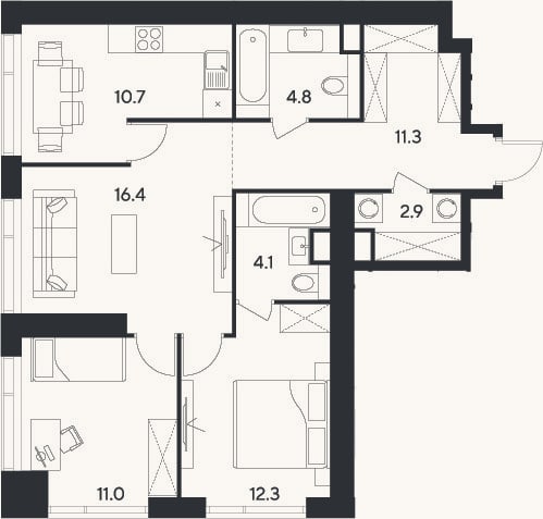 Планировка: 3-к, 73,5 м²