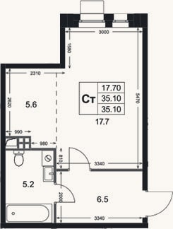 Планировка: Студия, 35,1 м²