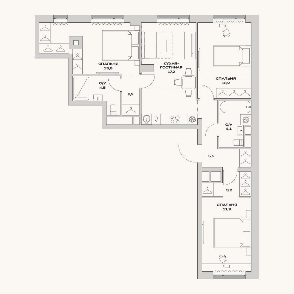 Планировка: 4+ к, 75,6 м²
