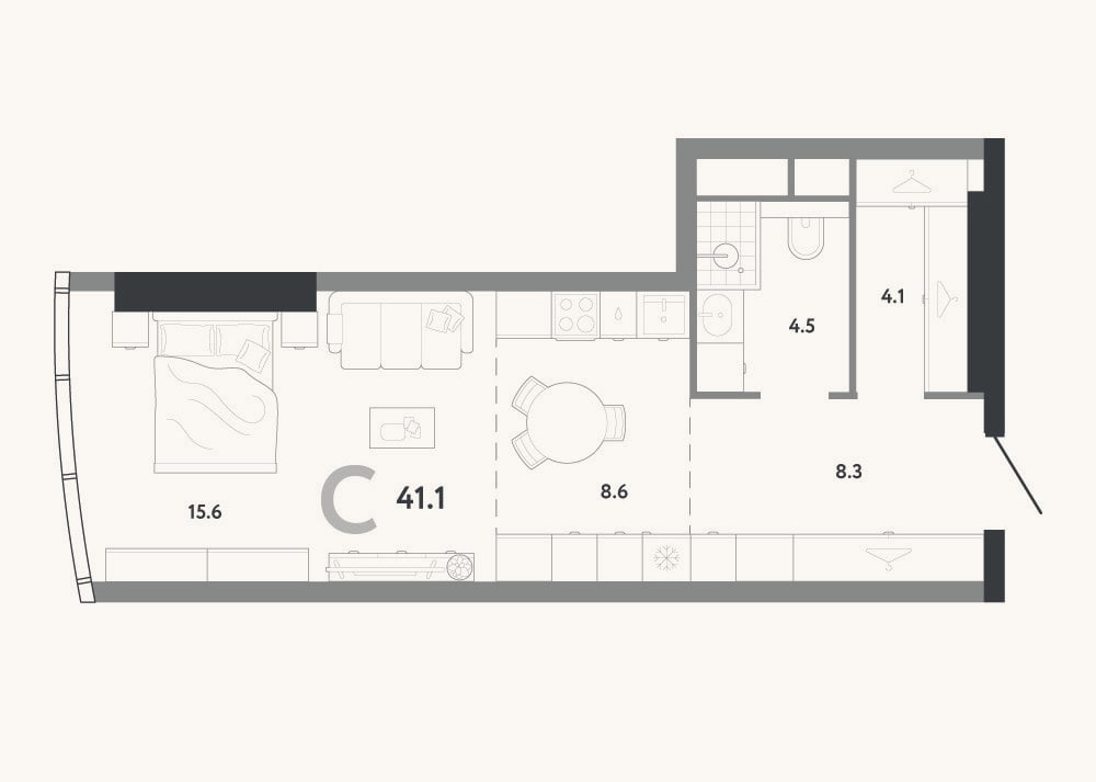 Планировка: Студия, 41,1 м²