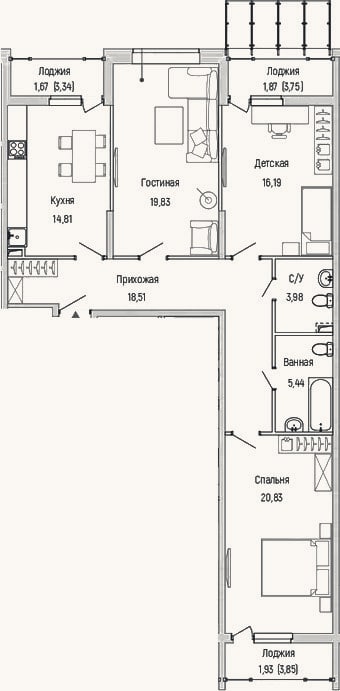 Планировка: 3-к, 99,6 м²