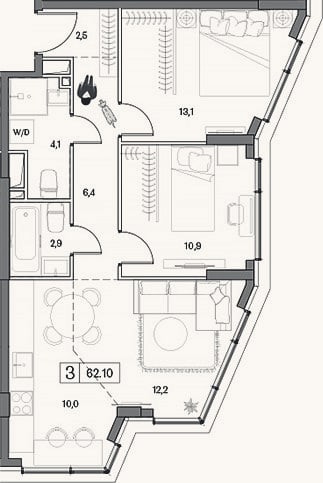 Планировка: 3-к, 62,1 м²