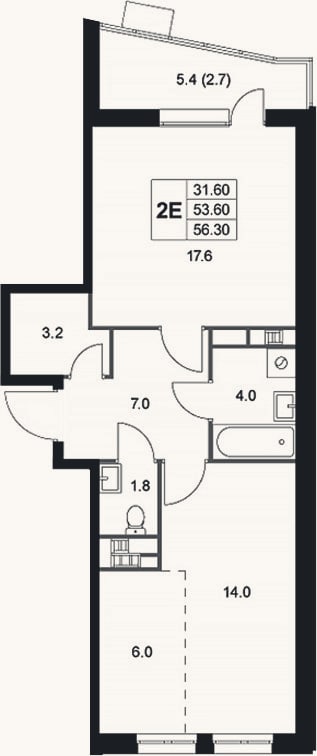 Планировка: 2-к, 53,6 м²