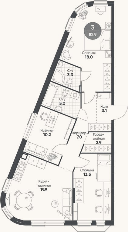 Планировка: 4+ к, 82,9 м²