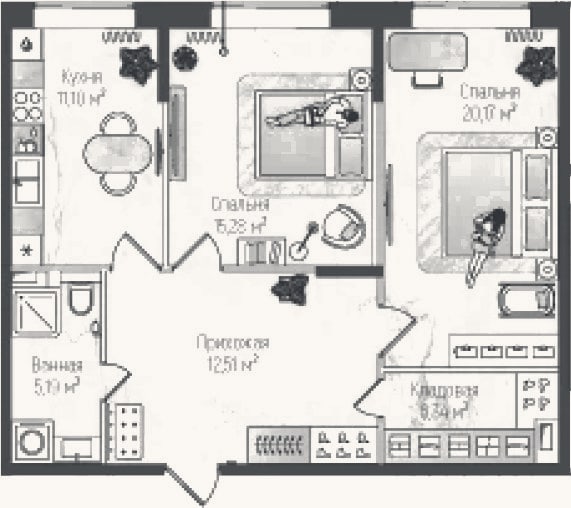 Планировка: 2-к, 70,6 м²