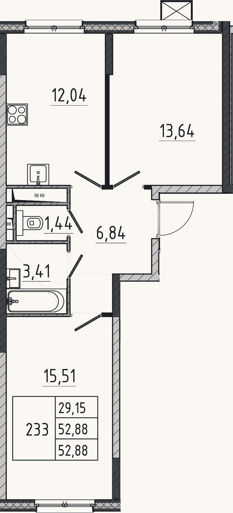 Планировка: 2-к, 52,9 м²