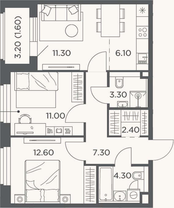 Планировка: 3-к, 59,7 м²