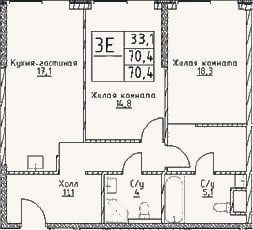 Планировка: 3-к, 70,4 м²