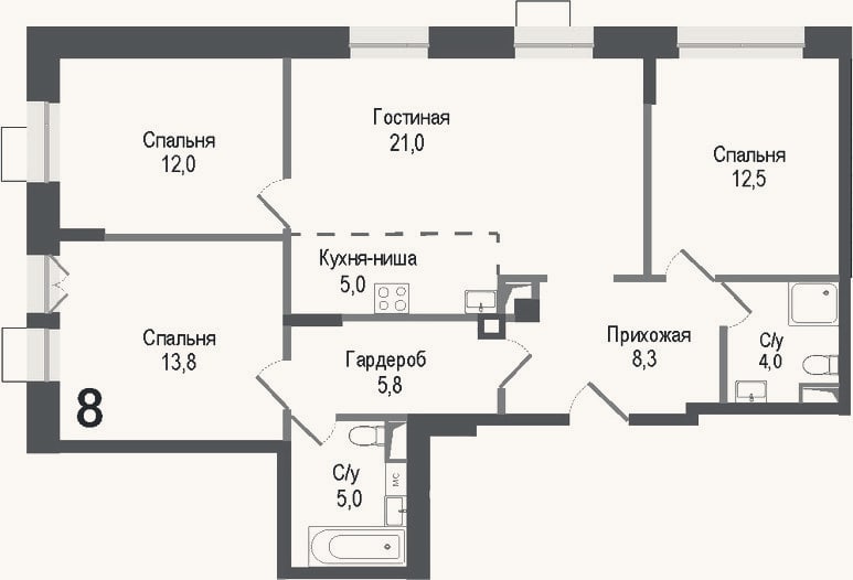 Планировка: 4+ к, 87,4 м²