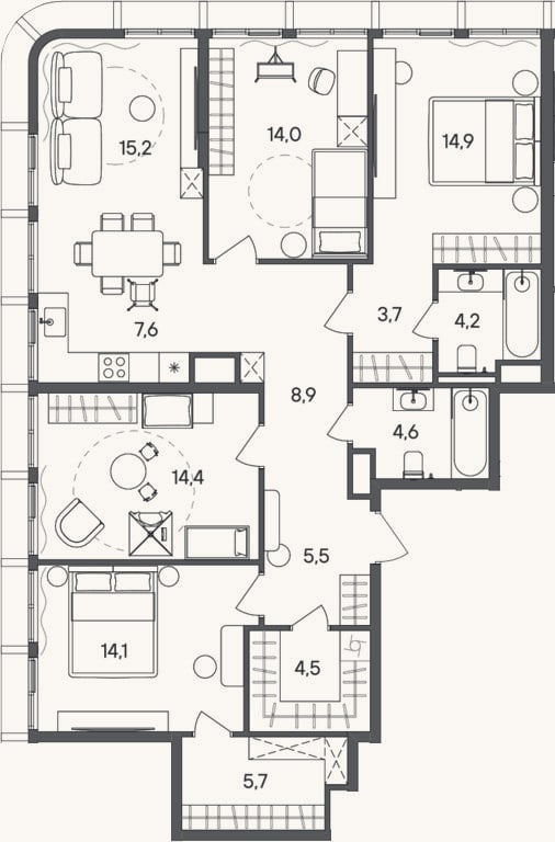 Планировка: 4+ к, 117,3 м²