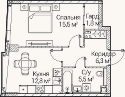 Планировка: 1-к, 42,1 м²