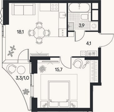Планировка: 2-к, 41,7 м²