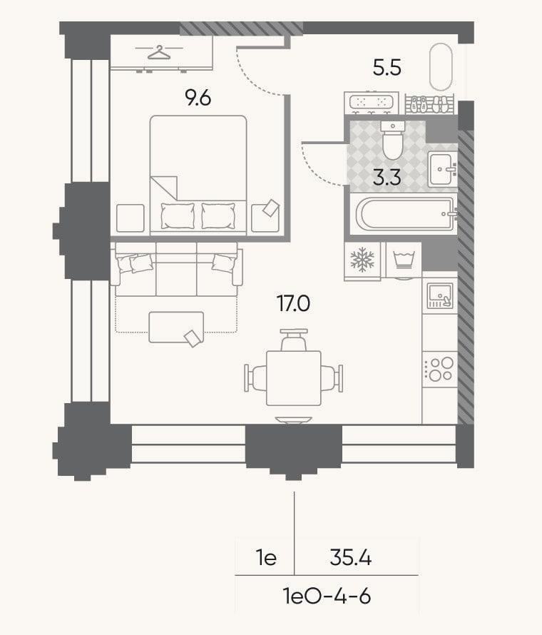 Планировка: 2-к, 35,4 м²