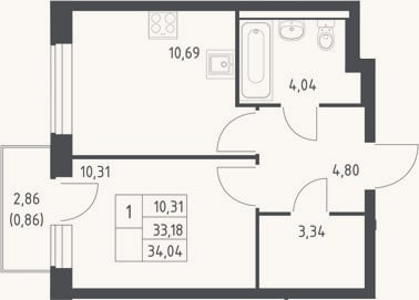 Планировка: 1-к, 33,2 м²