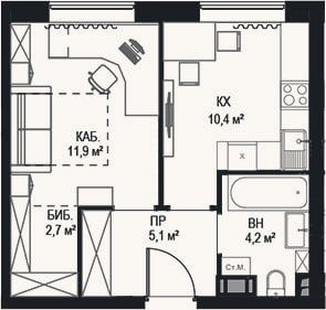 Планировка: 1-к, 34,5 м²