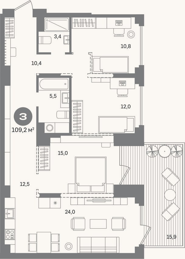 Планировка: 3-к, 93,3 м²