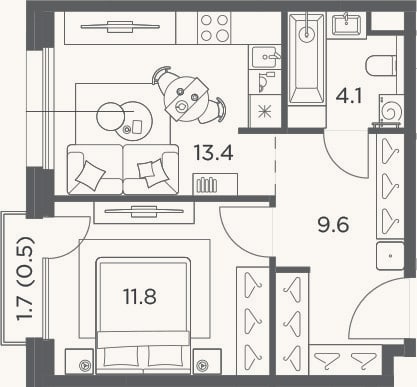 Планировка: 1-к, 38,9 м²