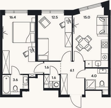 Планировка: 2-к, 60,8 м²