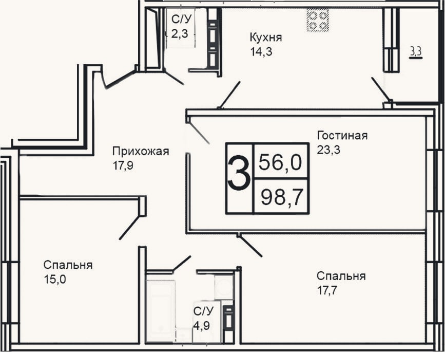 Планировка: 3-к, 95,4 м²