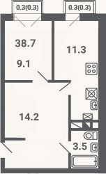 Планировка: 1-к, 38,1 м²