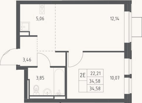 Планировка: 2-к, 34,6 м²