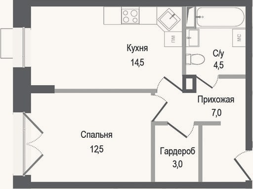 Планировка: 1-к, 41,5 м²